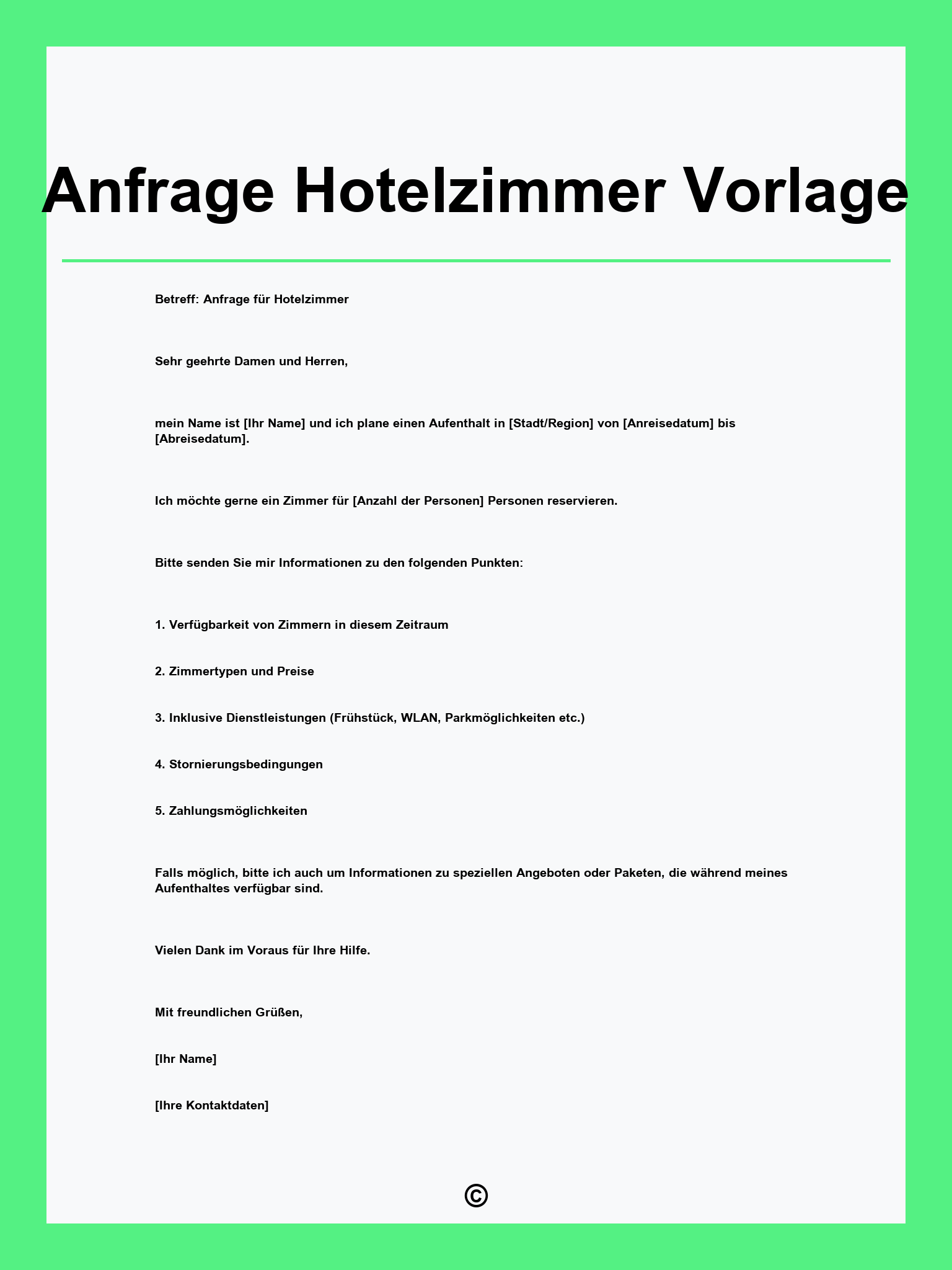 Anfrage Hotelzimmer Vorlage