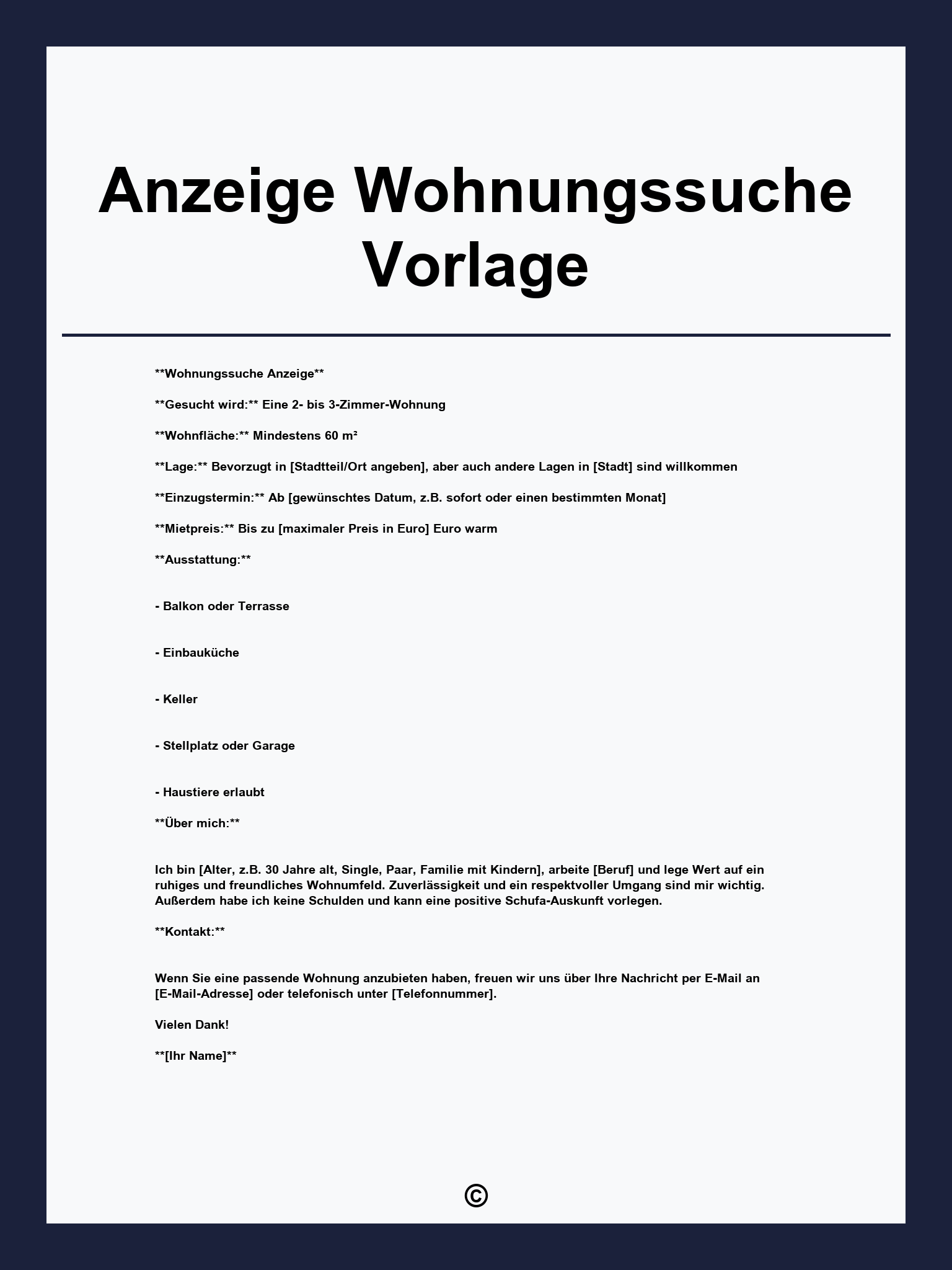 Anzeige Wohnungssuche Vorlage