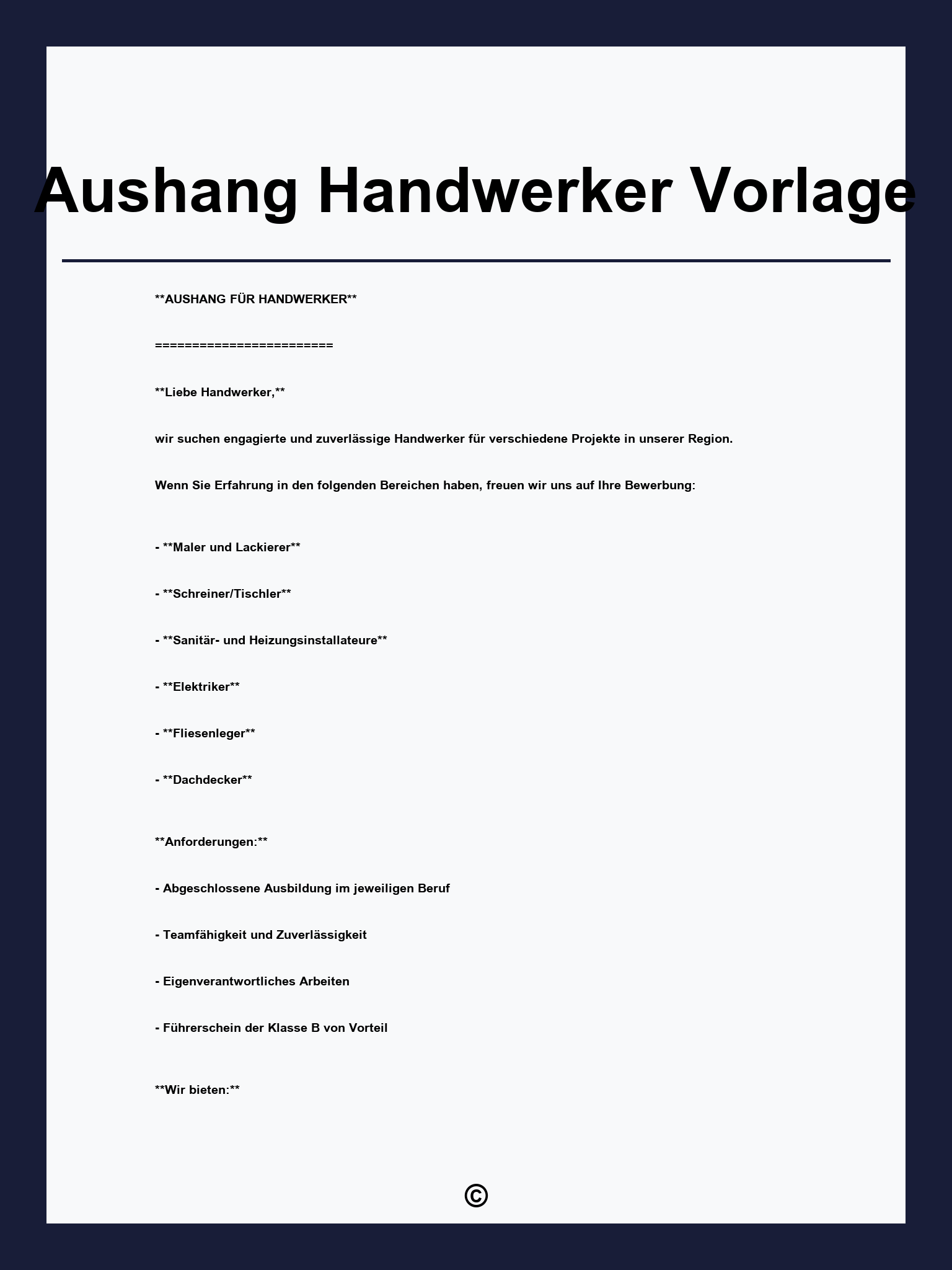 Aushang Handwerker Vorlage