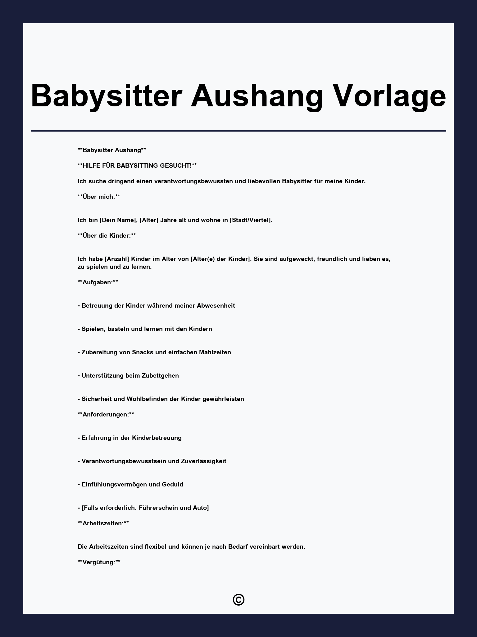 Babysitter Aushang Vorlage