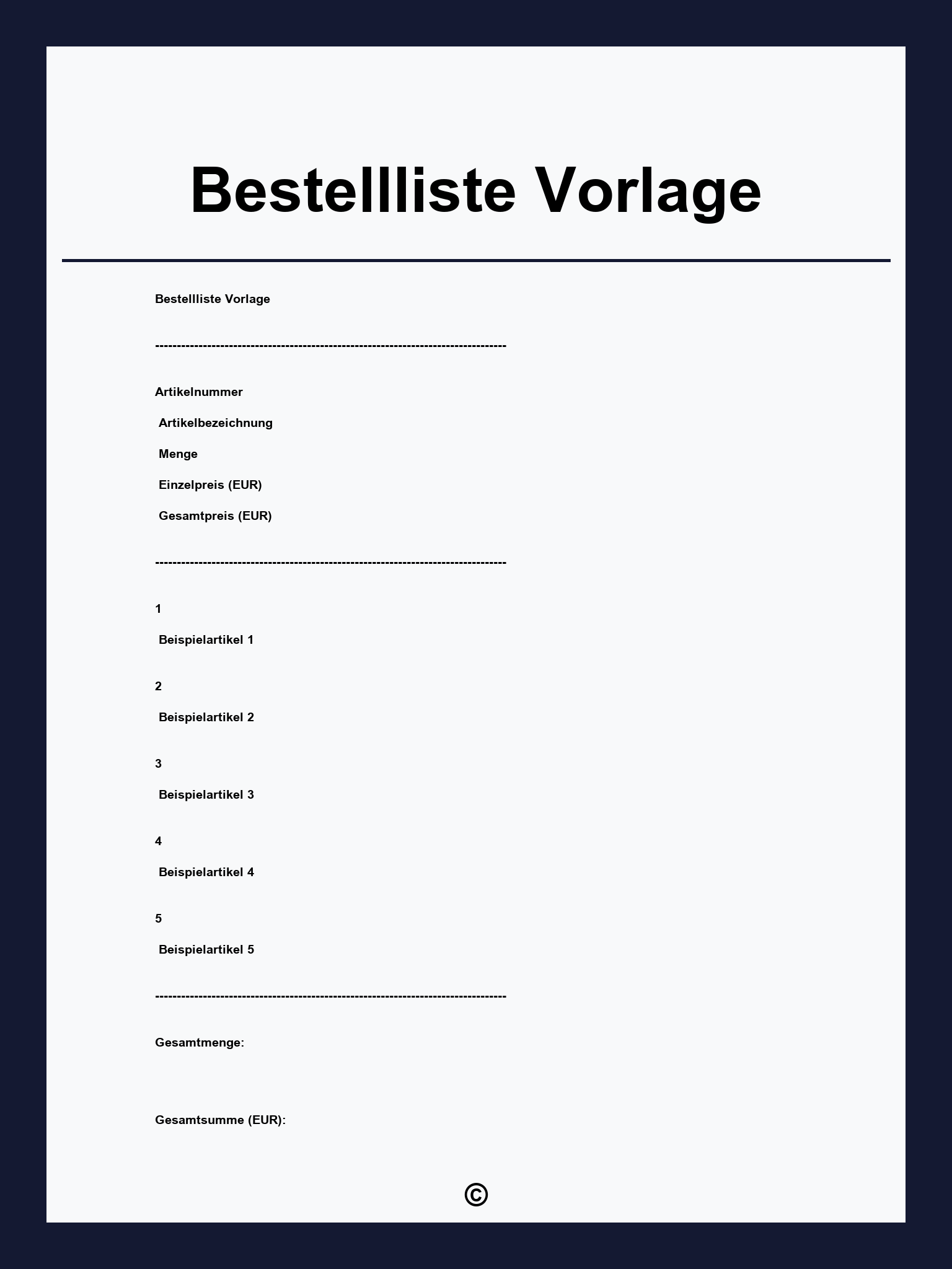 Bestellliste Vorlage