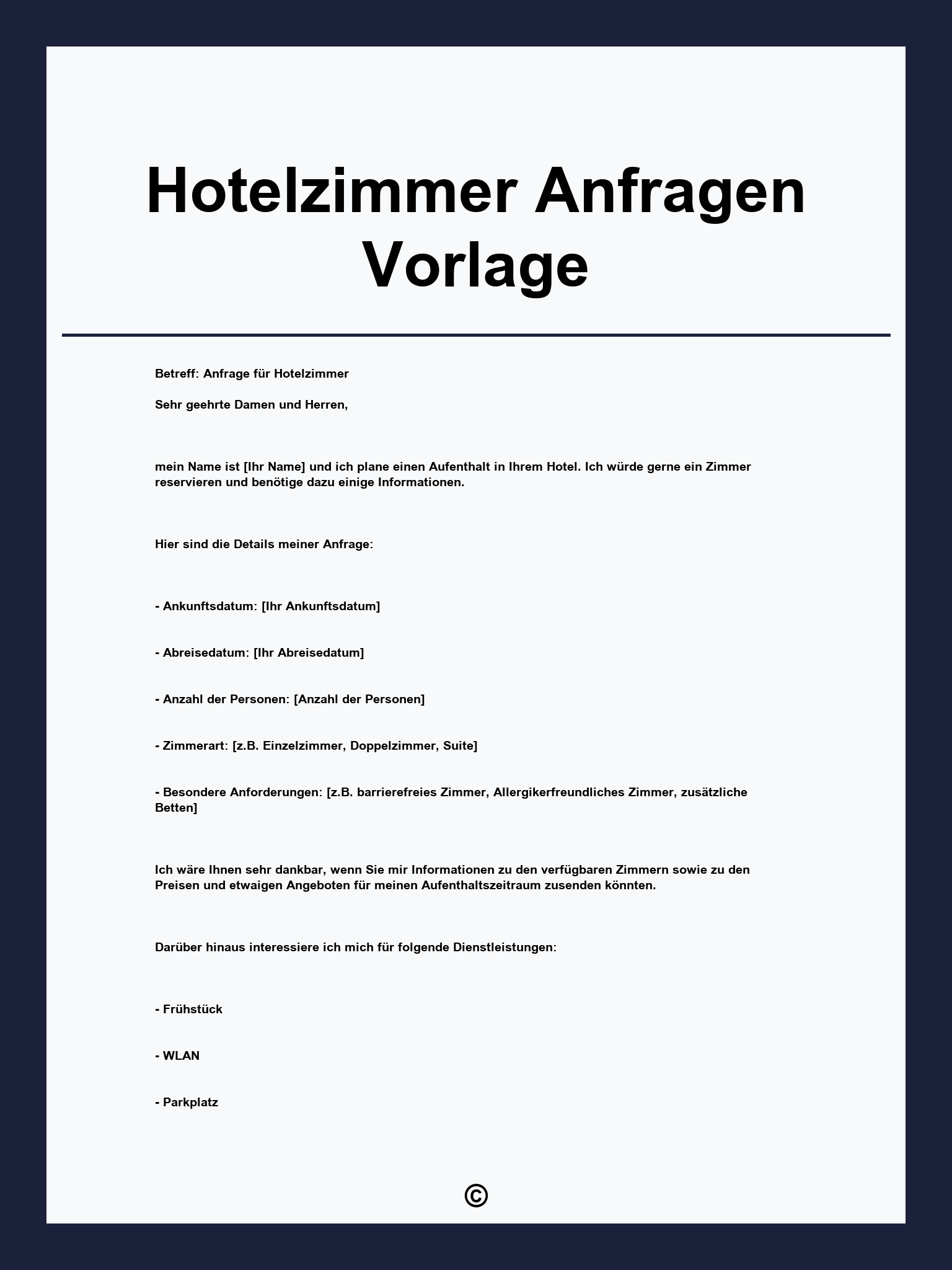 Hotelzimmer Anfragen Vorlage