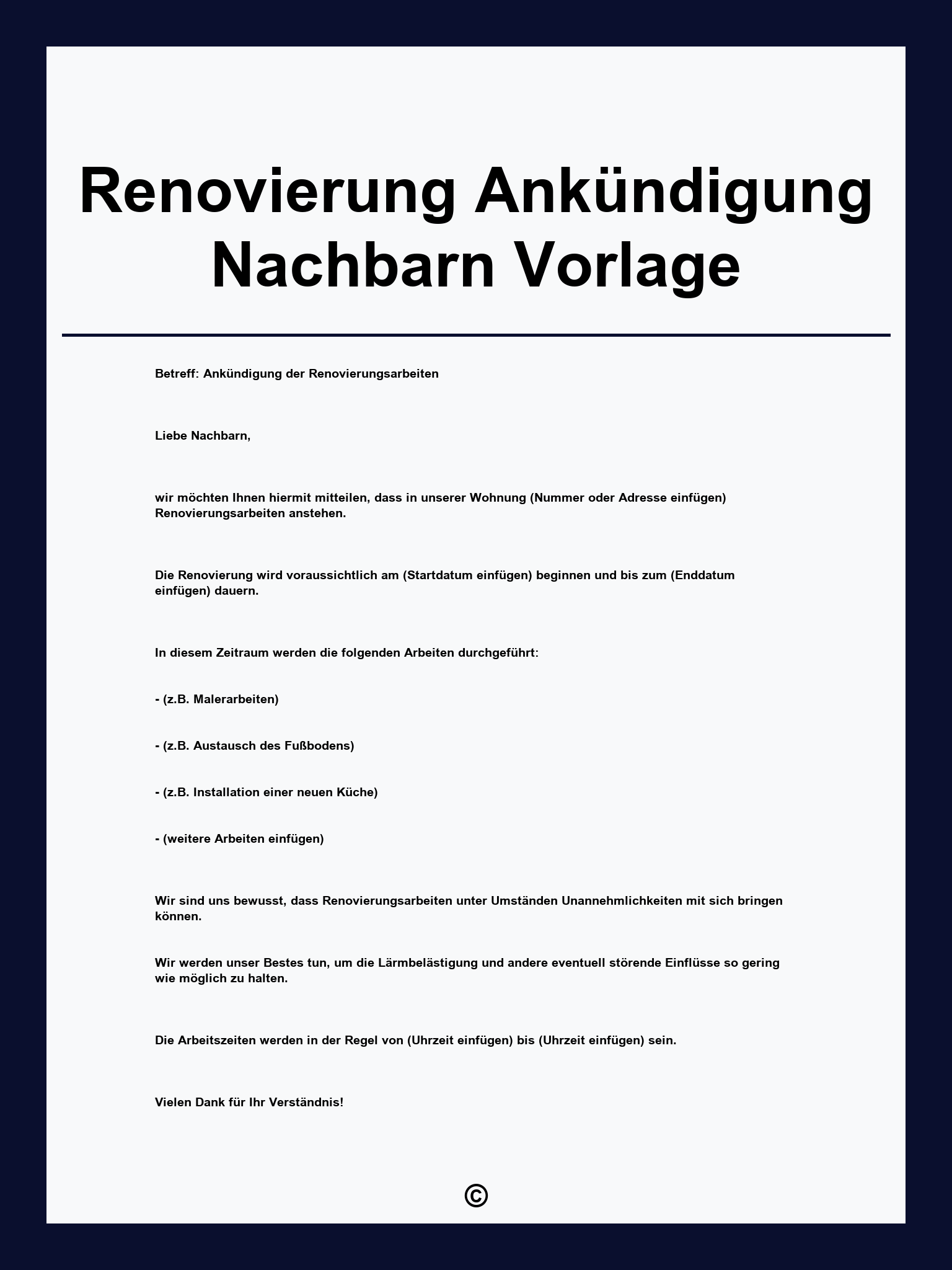 Renovierung Ankündigung Nachbarn Vorlage