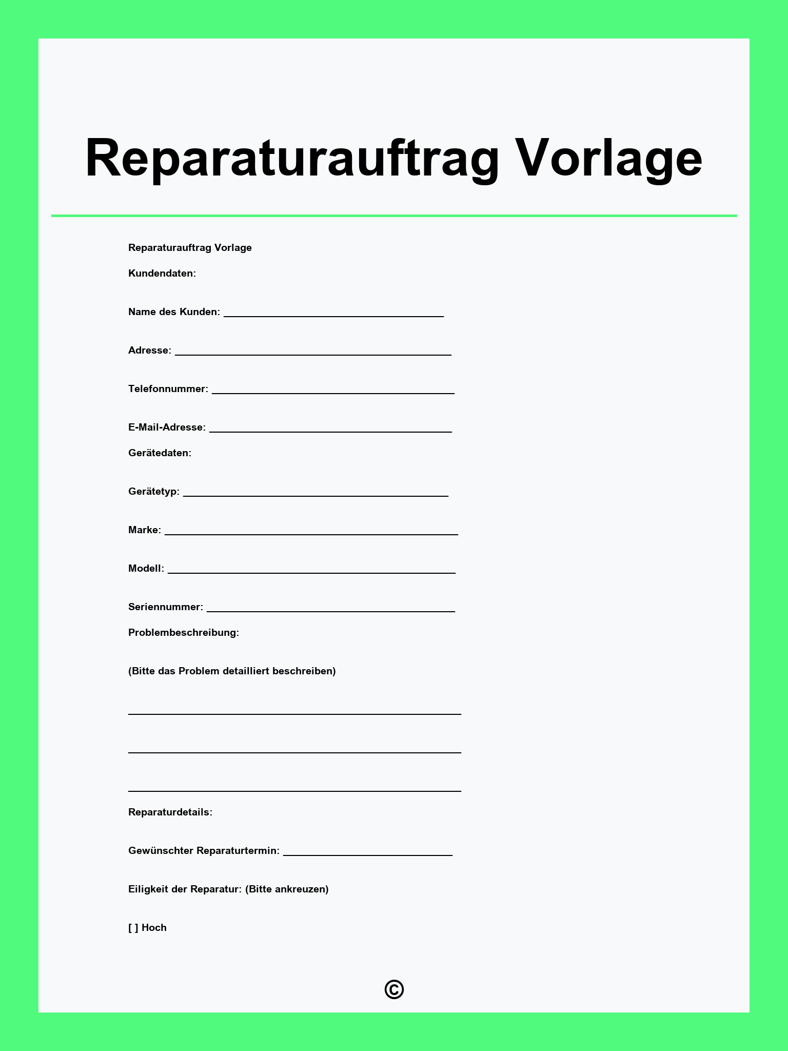 Reparaturauftrag Vorlage