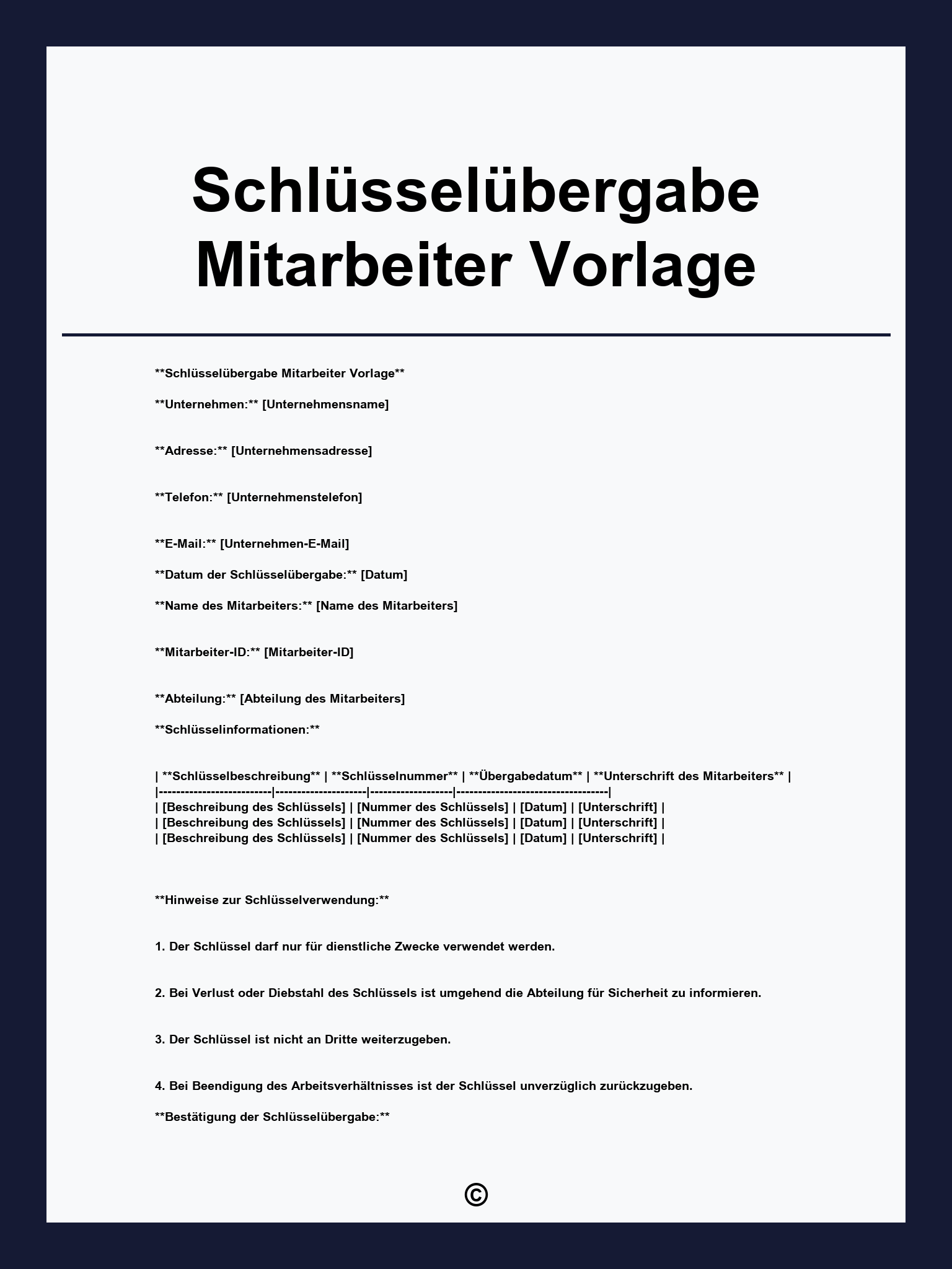 Schlüsselübergabe Mitarbeiter Vorlage