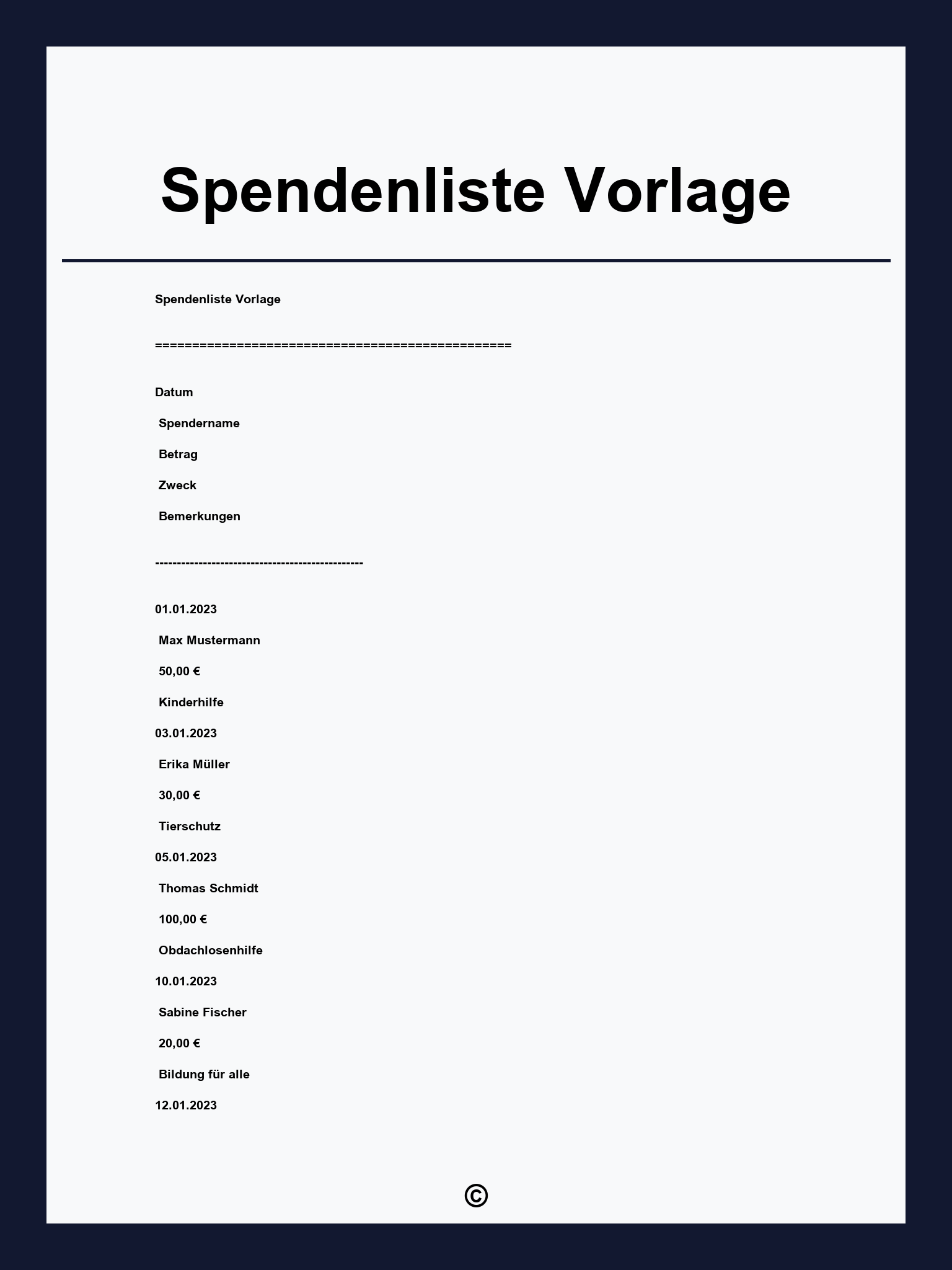 Spendenliste Vorlage