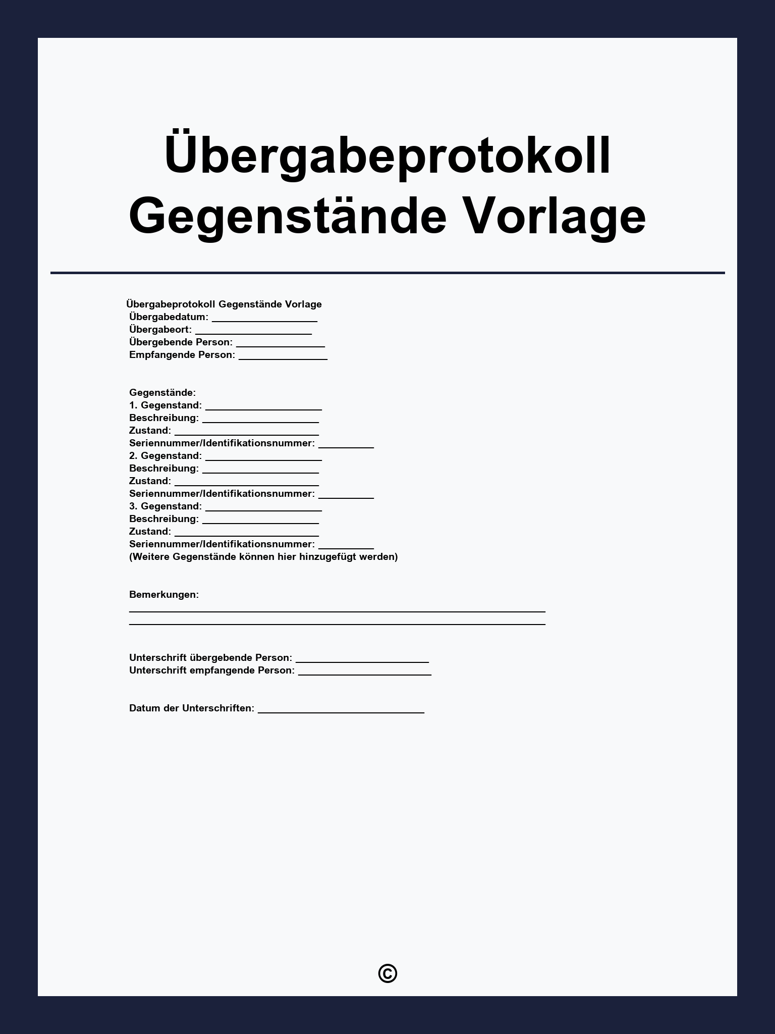 Übergabeprotokoll Gegenstände Vorlage