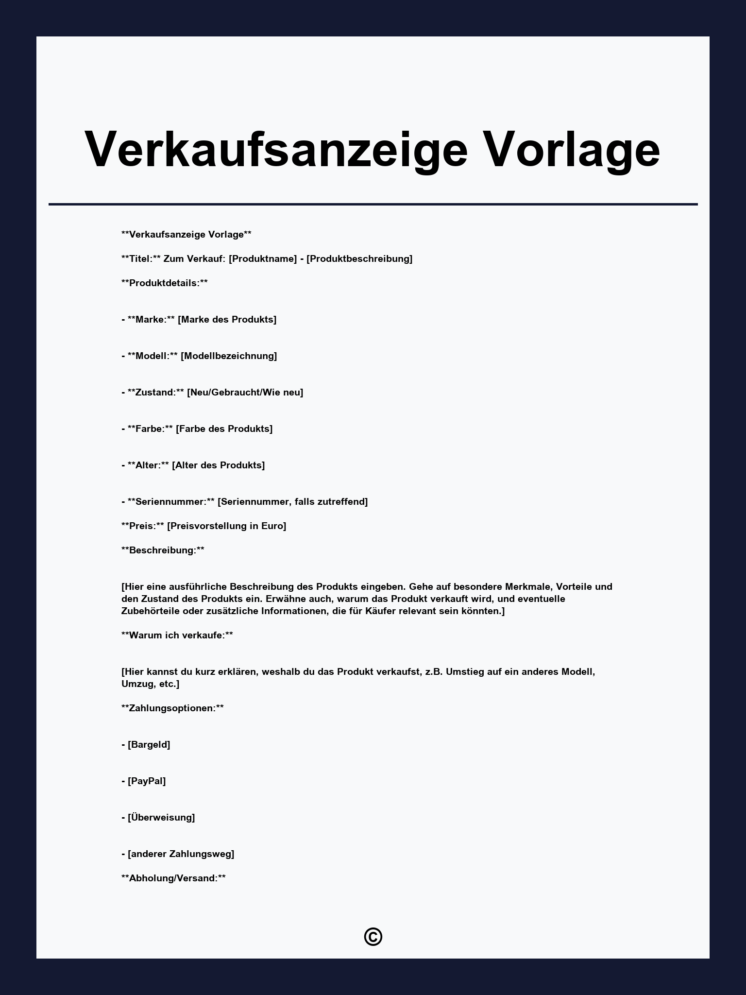Verkaufsanzeige Vorlage